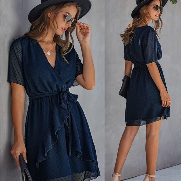 Nwt BTFBM Women Faux Wrap Swiss Dot V-Neck, Ruffle Hem Dress - Picture 1 of 5